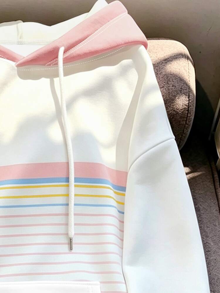Resyla Autumn Outdoor Top, Plus Size Women's Hooded Sweatshirt, Candy Color Striped Print Pattern Design, Casual Versatile Fit, Daily Wear - Multicolor - View 4