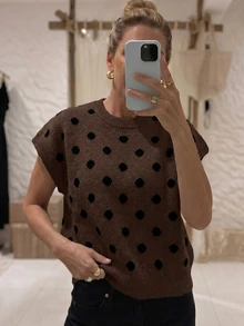 Louniche 秋冬新款卡其色波點休閒優雅復古慵懶針織背心女款針織上衣，適合休閒日常通勤居家辦公穿著，女款優雅針織上衣 - 咖啡棕 - 查看 5