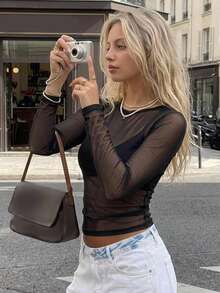 DAZY Women's Sheer Lace Round Neck Slim Fit Pullover T-Shirt Long Sleeve - Black - View 3