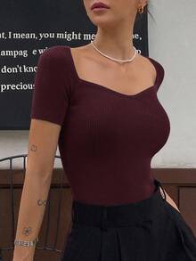 DAZY Sweetheart Neck Ribbed Knit Top Cute Tops - Burgundy - View 6