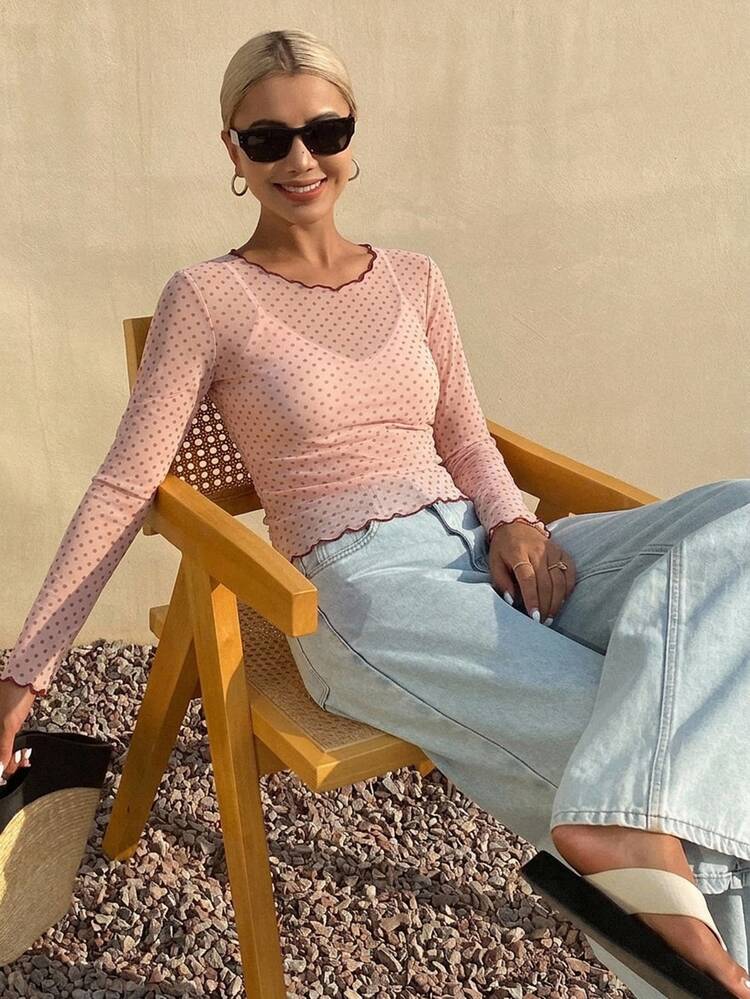 DAZY Women's Polka Dot Sheer Long Sleeve Crew Neck Undershirt, Spring/Summer - Pink - View 4