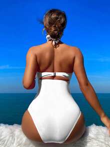 SHEIN Swim Women Solid Color Ruched, Hollow Out, Halter Neck, One-Piece Swimsuit For Vacation Beach,Summer Beach - White - View 2