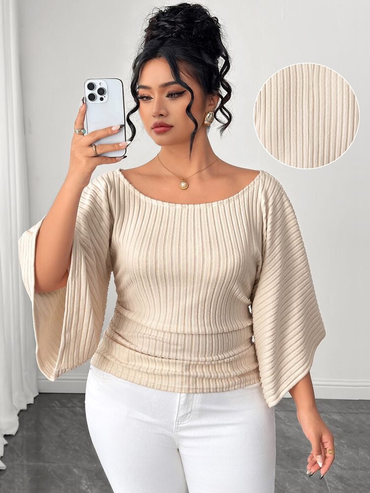 Elenzga Plus Size Women's Knitted High Stretch Bell Sleeve Round Neck Solid Color Elegant T-Shirt Fall - Apricot - View 1