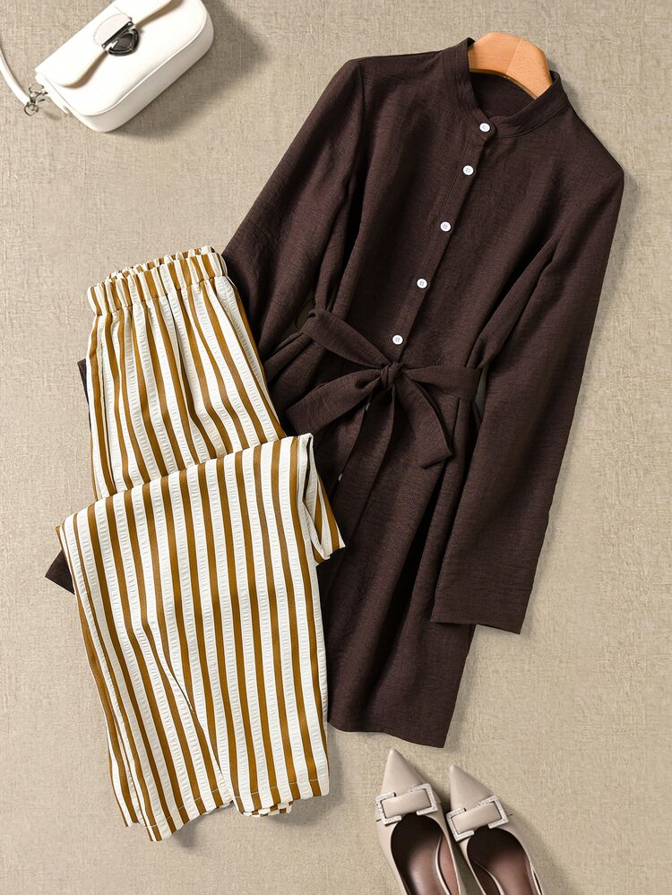 Rusticease Women's Solid Color Long Sleeve Single-Breasted Long Shirt Striped Wide Leg Pants Casual Modest Set Thanksgiving Dark Brown Chocolate Brown Autumn - Multicolor - View 3