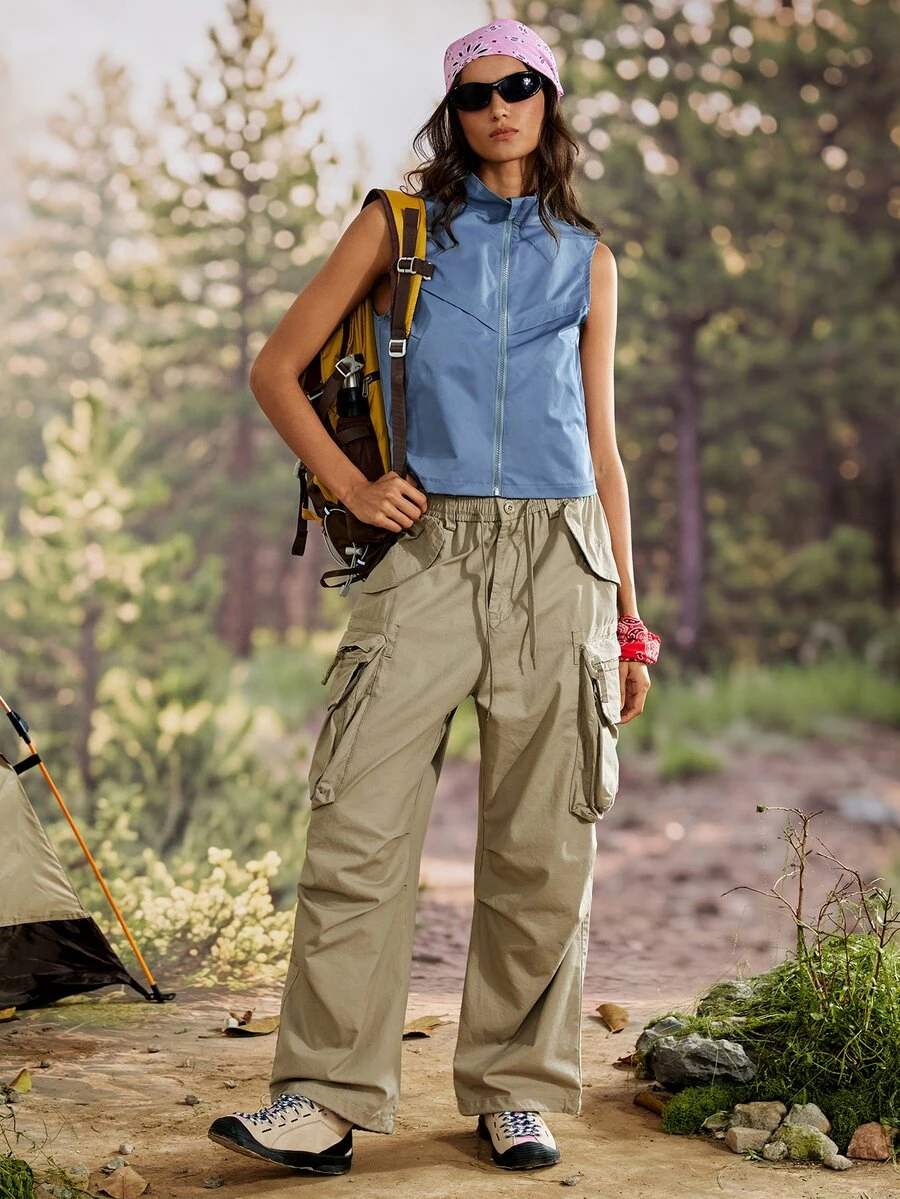 Exploreva Women's Solid Color Outdoor Zipper Slim Fit Vest Jacket - Dusty Blue - View 1