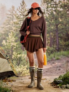 Exploreva Brown V-Neck Batwing Sleeve Outdoor T-Shirt - Brown - View 8