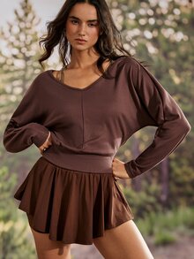 Exploreva Brown V-Neck Batwing Sleeve Outdoor T-Shirt - Brown - View 2