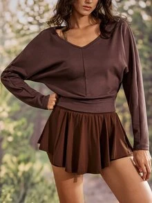 Exploreva Brown V-Neck Batwing Sleeve Outdoor T-Shirt - Brown - View 4