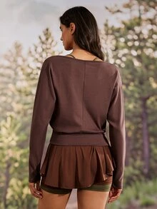 Exploreva Brown V-Neck Batwing Sleeve Outdoor T-Shirt - Brown - View 3