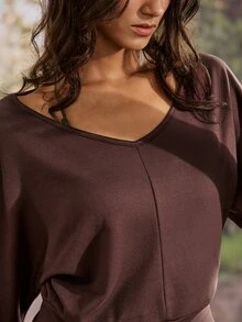 Exploreva Brown V-Neck Batwing Sleeve Outdoor T-Shirt - Brown - View 6