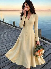 Celisse Women's Solid Color Casual Party Dress - Pale Yellow - View 6