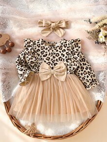 SHEIN 2pcs Baby Girls Tutu Dress Sweet Elegant Tan Leopard Bow Ruffle Tulle Long Sleeve Round Neck Regular Birthday Party Fall Christmas Holiday Flowy Skirt - Brown - View 4