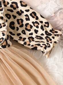 SHEIN 2pcs Baby Girls Tutu Dress Sweet Elegant Tan Leopard Bow Ruffle Tulle Long Sleeve Round Neck Regular Birthday Party Fall Christmas Holiday Flowy Skirt - Brown - View 6