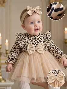 SHEIN 2pcs Baby Girls Tutu Dress Sweet Elegant Tan Leopard Bow Ruffle Tulle Long Sleeve Round Neck Regular Birthday Party Fall Christmas Holiday Flowy Skirt - Brown - View 3
