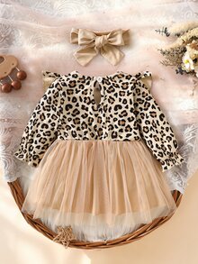 SHEIN 2pcs Baby Girls Tutu Dress Sweet Elegant Tan Leopard Bow Ruffle Tulle Long Sleeve Round Neck Regular Birthday Party Fall Christmas Holiday Flowy Skirt - Brown - View 2