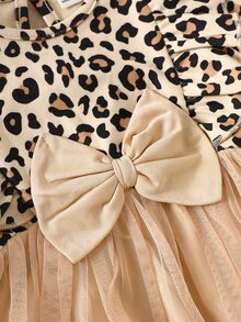 SHEIN 2pcs Baby Girls Tutu Dress Sweet Elegant Tan Leopard Bow Ruffle Tulle Long Sleeve Round Neck Regular Birthday Party Fall Christmas Holiday Flowy Skirt - Brown - View 7
