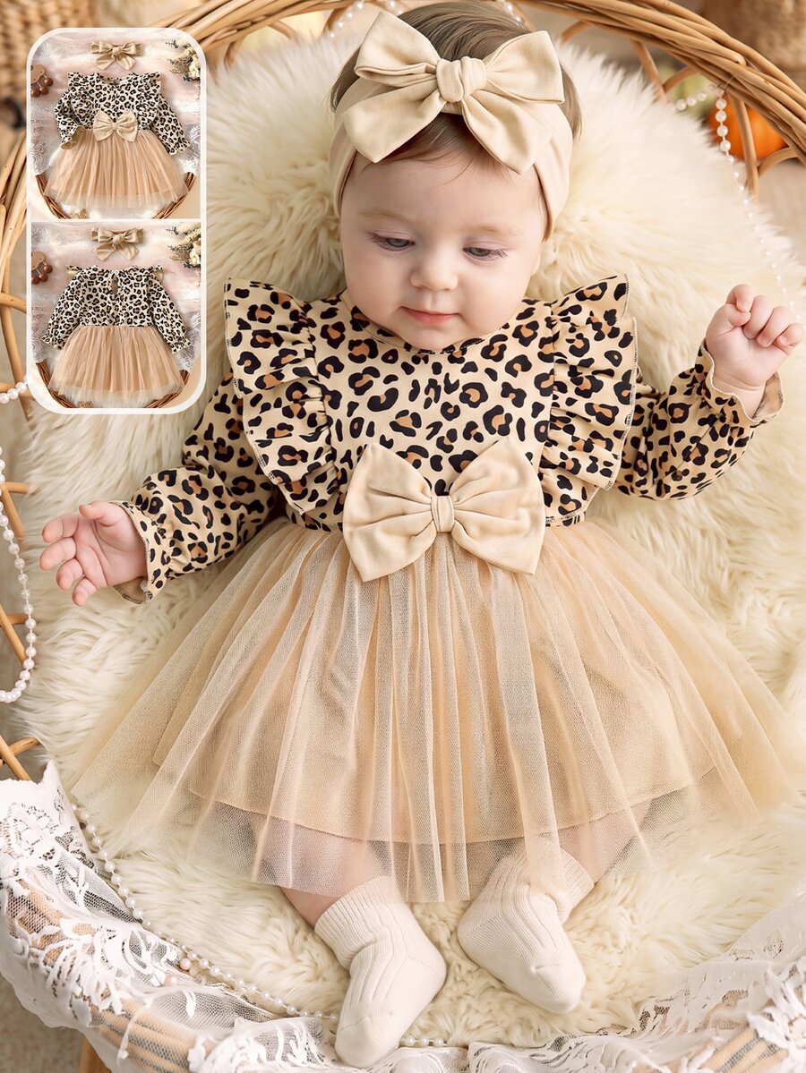 SHEIN 2pcs Baby Girls Tutu Dress Sweet Elegant Tan Leopard Bow Ruffle Tulle Long Sleeve Round Neck Regular Birthday Party Fall Christmas Holiday Flowy Skirt - Brown - View 1