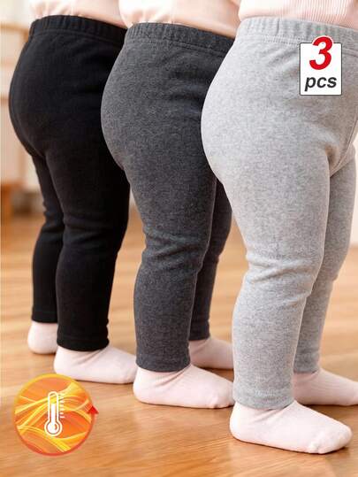 SHEIN Vintaside Kids Baby Girl Casual Minimalist Solid Color Tight-Fitting Leggings, 3-Pack, Autumn/Winter