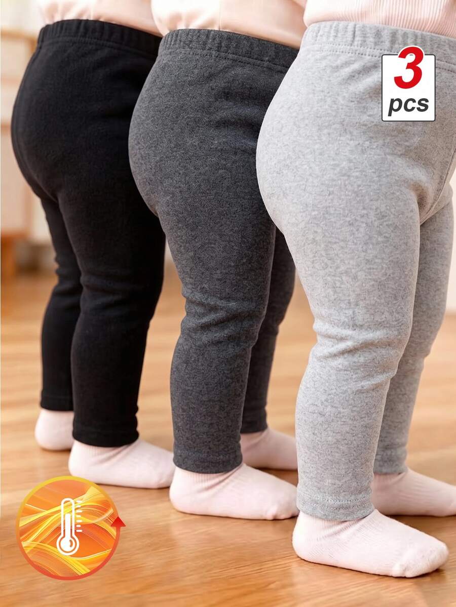 SHEIN Vintaside Kids Baby Girl Casual Minimalist Solid Color Tight-Fitting Leggings, 3-Pack, Autumn/Winter - Multicolor - View 1