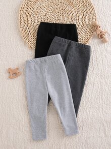 SHEIN Vintaside Kids Baby Girl Casual Minimalist Solid Color Tight-Fitting Leggings, 3-Pack, Autumn/Winter - Multicolor - View 2