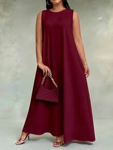 EMERY ROSE Plus Size Women Solid Color Round Neck Sleeveless Dress, Loose Flowy A-Line Casual Summer Dress For Daily Going Out Vacation - Burgundy - View 1