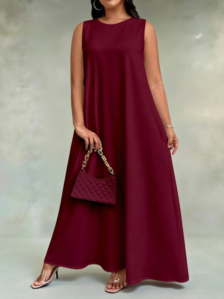 EMERY ROSE Plus Size Women Solid Color Round Neck Sleeveless Dress, Loose Flowy A-Line Casual Summer Dress For Daily Going Out Vacation - Burgundy - View 1