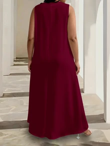 EMERY ROSE Plus Size Women Solid Color Round Neck Sleeveless Dress, Loose Flowy A-Line Casual Summer Dress For Daily Going Out Vacation - Burgundy - View 2