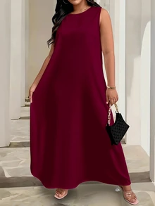 EMERY ROSE Plus Size Women Solid Color Round Neck Sleeveless Dress, Loose Flowy A-Line Casual Summer Dress For Daily Going Out Vacation - Burgundy - View 3