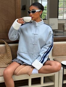 Muchica Women's Autumn/Winter New Light Blue Suede Fleece One-Piece Chinese Style Frog Button Regular Jacket For Going Out, Streetwear, Fall Winter 2026 - Blue - View 1