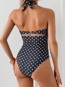 SHEIN Swim 女款波點掛脖綁帶連身泳衣，適合海灘度假、泳池派對、海灘派對 - 彩色 - 查看 2