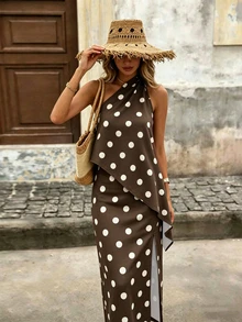 SHEIN 女款不對稱單肩波點上衣與開衩裙套裝，通勤穿搭，派對 - 棕色 - 查看 4