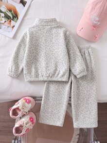SHEIN 女童灰色豹紋保暖內裡兩件套，半拉鍊立領上衣 + 寬腿長褲，厚絨毛內裡，印花裝飾，秋冬休閒少女穿著 - 彩色 - 查看 2
