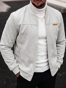 Manfinity CasualCool Men's Faux Suede Baseball Jacket, Light Gray Stand Collar Zip-Up Leather Patch Jacket, Loose Casual Versatile Ribbed Outerwear For Autumn/Winter Daily Commute - Grey - View 5