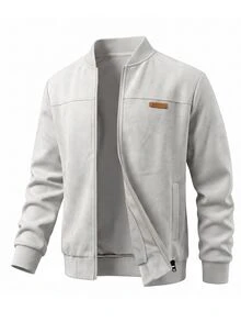 Manfinity CasualCool Men's Faux Suede Baseball Jacket, Light Gray Stand Collar Zip-Up Leather Patch Jacket, Loose Casual Versatile Ribbed Outerwear For Autumn/Winter Daily Commute - Grey - View 4