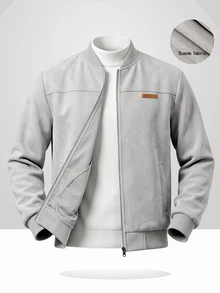 Manfinity CasualCool Men's Faux Suede Baseball Jacket, Light Gray Stand Collar Zip-Up Leather Patch Jacket, Loose Casual Versatile Ribbed Outerwear For Autumn/Winter Daily Commute - Grey - View 6