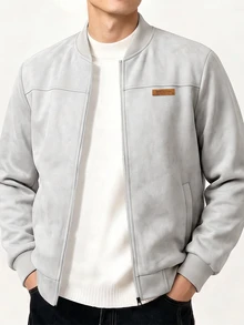 Manfinity CasualCool Men's Faux Suede Baseball Jacket, Light Gray Stand Collar Zip-Up Leather Patch Jacket, Loose Casual Versatile Ribbed Outerwear For Autumn/Winter Daily Commute - Grey - View 1