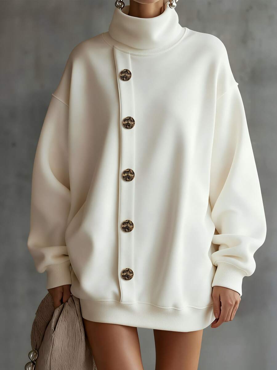 Solivie Sweatshirt Panjang Wanita, Kerah Tinggi, Lengan Panjang, Dekorasi Kancing Logam di Bagian Depan, Modis dan Serbaguna, Cocok untuk Pemakaian Sehari-hari - Putih - View 1