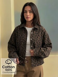 SHEIN Tween Girl Casual Fashion Woven Denim Leopard Print Pattern Shirt Collar Jacket Loose Fit Comfortable Suitable For Spring Autumn Daily Commute Outdoor Play Outing Gathering Photo Outfit - Coffee Brown - View 1