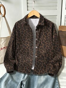 SHEIN Tween Girl Casual Fashion Woven Denim Leopard Print Pattern Shirt Collar Jacket Loose Fit Comfortable Suitable For Spring Autumn Daily Commute Outdoor Play Outing Gathering Photo Outfit - Coffee Brown - View 2