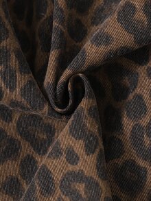 SHEIN Tween Girl Casual Fashion Woven Denim Leopard Print Pattern Shirt Collar Jacket Loose Fit Comfortable Suitable For Spring Autumn Daily Commute Outdoor Play Outing Gathering Photo Outfit - Coffee Brown - View 3