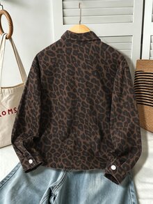 SHEIN Tween Girl Casual Fashion Woven Denim Leopard Print Pattern Shirt Collar Jacket Loose Fit Comfortable Suitable For Spring Autumn Daily Commute Outdoor Play Outing Gathering Photo Outfit - Coffee Brown - View 7