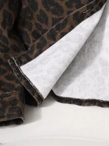 SHEIN Tween Girl Casual Fashion Woven Denim Leopard Print Pattern Shirt Collar Jacket Loose Fit Comfortable Suitable For Spring Autumn Daily Commute Outdoor Play Outing Gathering Photo Outfit - Coffee Brown - View 6