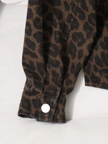 SHEIN Tween Girl Casual Fashion Woven Denim Leopard Print Pattern Shirt Collar Jacket Loose Fit Comfortable Suitable For Spring Autumn Daily Commute Outdoor Play Outing Gathering Photo Outfit - Coffee Brown - View 4
