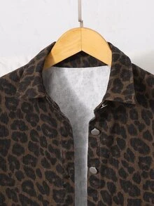 SHEIN Tween Girl Casual Fashion Woven Denim Leopard Print Pattern Shirt Collar Jacket Loose Fit Comfortable Suitable For Spring Autumn Daily Commute Outdoor Play Outing Gathering Photo Outfit - Coffee Brown - View 5