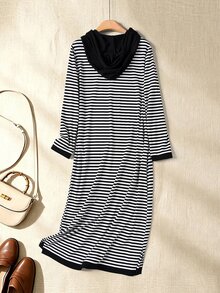 Rusticease Women's Striped Colorblock Casual Daily Summer Long Hooded Dress - Black - View 2