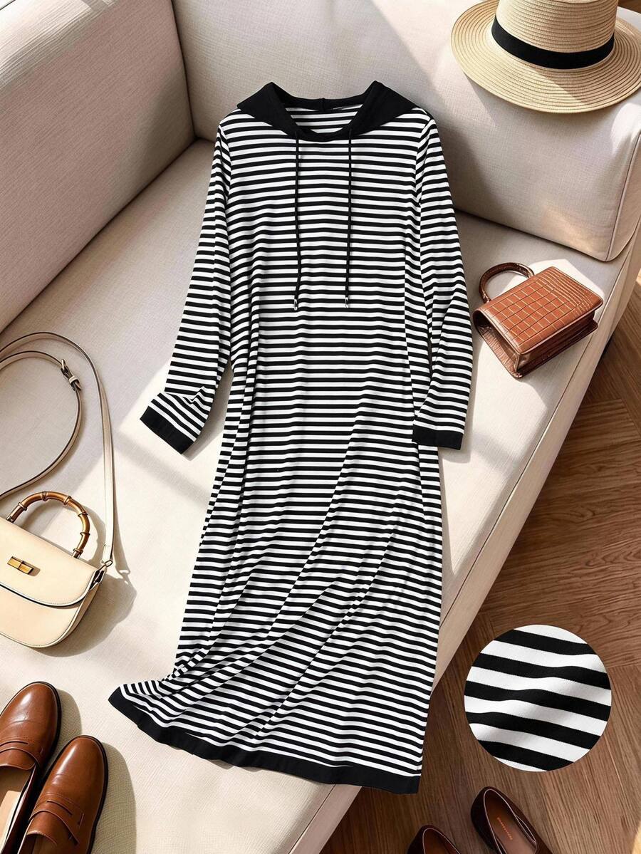 Rusticease Women's Striped Colorblock Casual Daily Summer Long Hooded Dress - Black - View 1