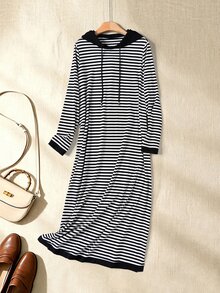 Rusticease Women's Striped Colorblock Casual Daily Summer Long Hooded Dress - Black - View 3