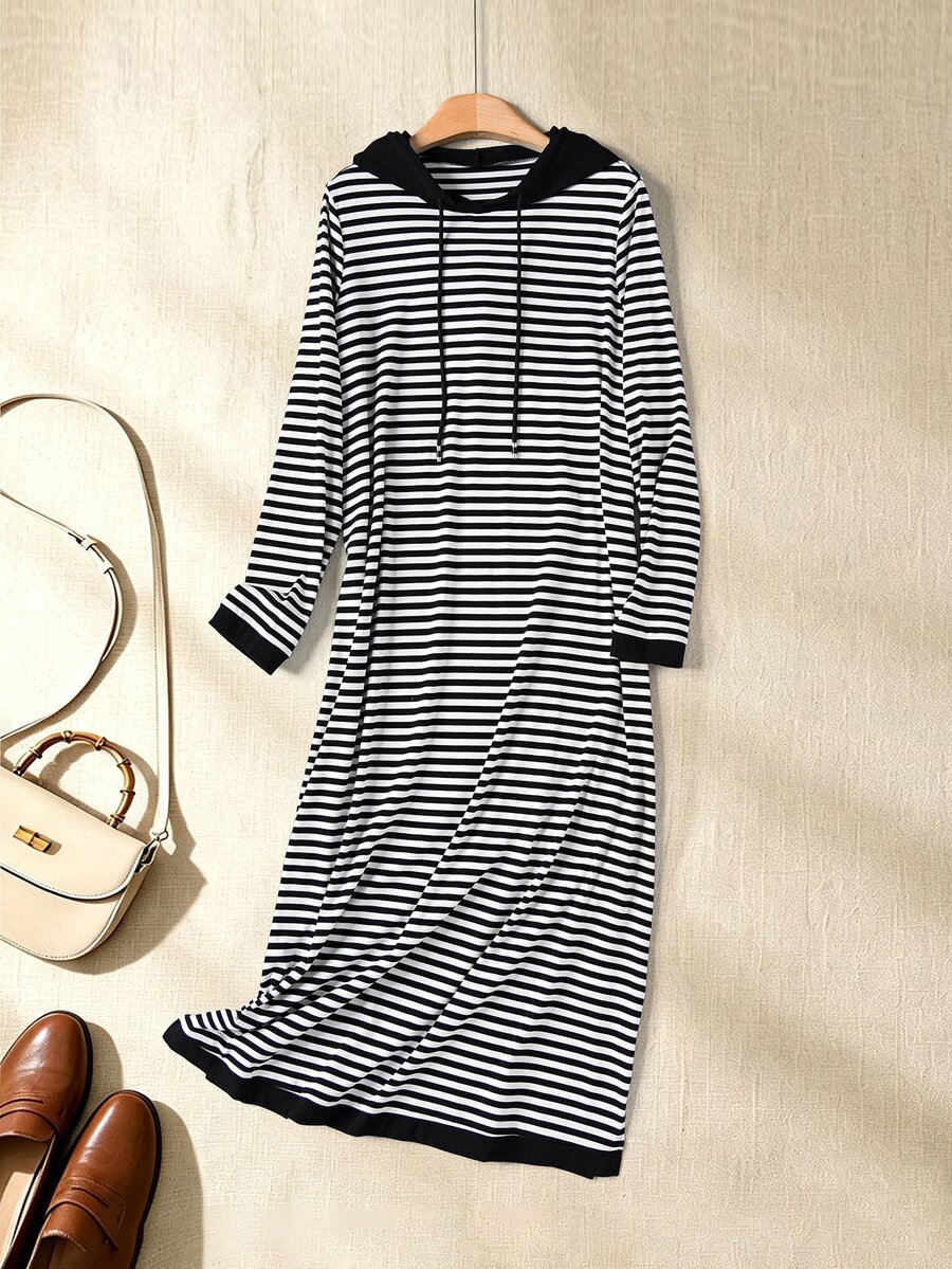 Rusticease Women's Striped Colorblock Casual Daily Summer Long Hooded Dress - Black - View 1