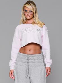 MUSERA Sweatshirt Crop Off Shoulder Longgar dengan Logo Tulisan Bordir untuk Musim Gugur/Musim Dingin, Cocok untuk Sehari-hari, Kembali ke Sekolah, dan Pink Pony - Baby Pink - View 1
