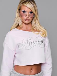 MUSERA Sweatshirt Crop Off Shoulder Longgar dengan Logo Tulisan Bordir untuk Musim Gugur/Musim Dingin, Cocok untuk Sehari-hari, Kembali ke Sekolah, dan Pink Pony - Baby Pink - View 5